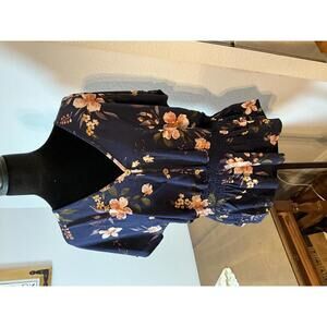 Lavish Women's L Navy Blue Romantic Floral Button-Front Peplum Top